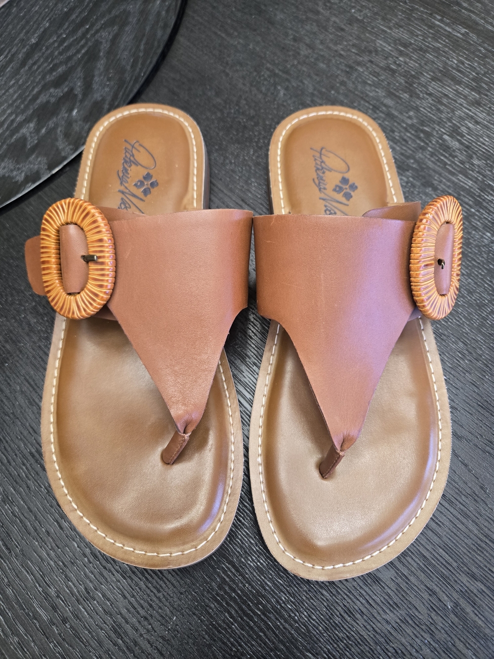 Patricia Nash Cognac Leather Thong Sandals with Woven Buckle